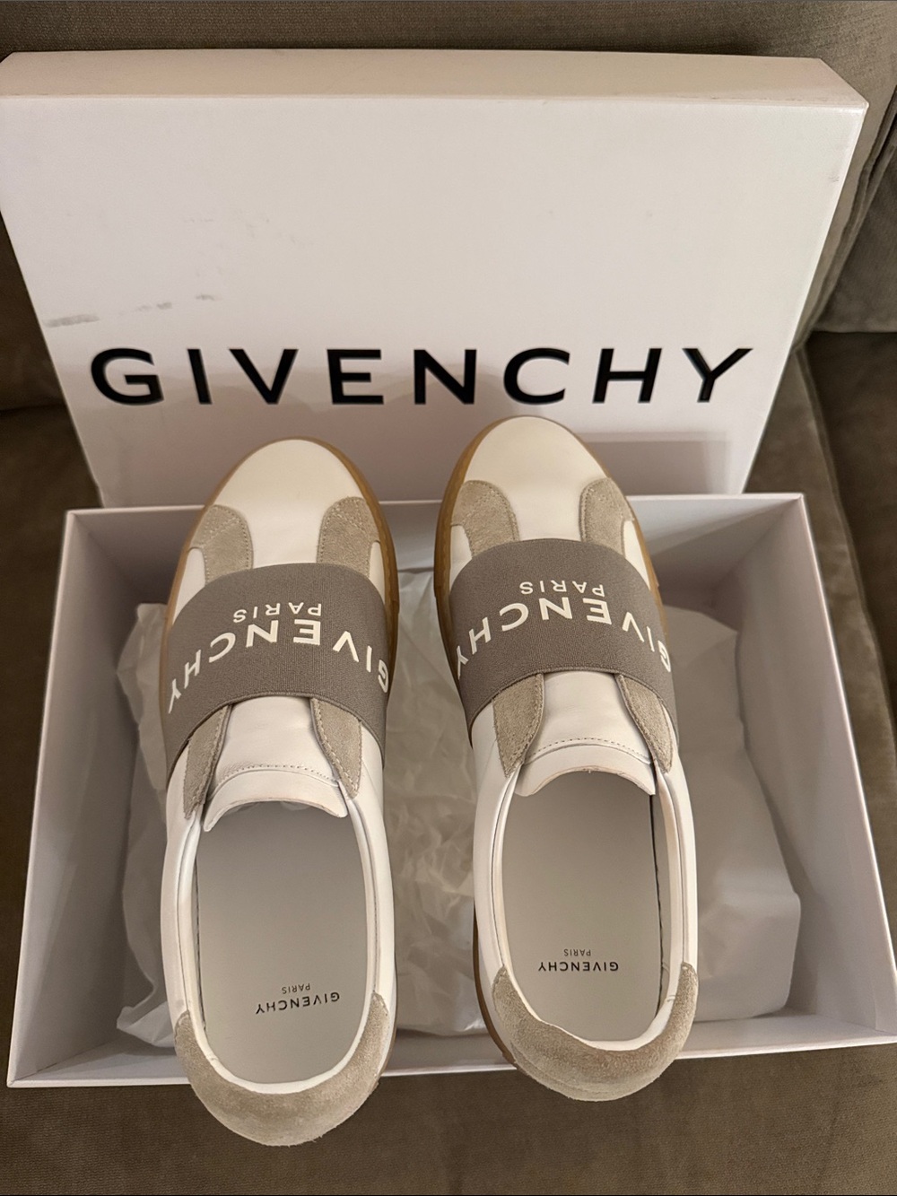 Givenchy White & Taupe Elastic Band Slip-Ons